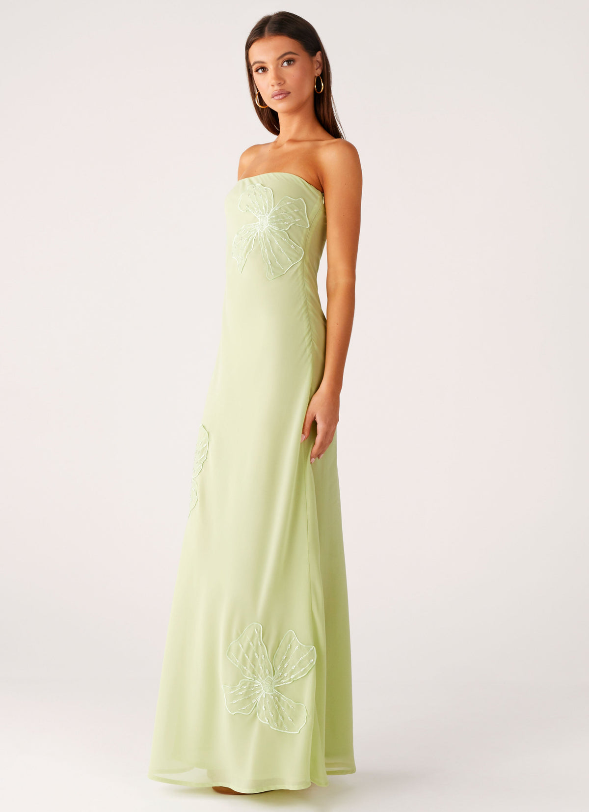 green strapless maxi dress Abstract Chic Hardware Dress-Green S Maxi Length Light Weight Material Grip on inner bust Adjustable Straps Removable Straps Sassafras Beaded Flower Strapless Maxi