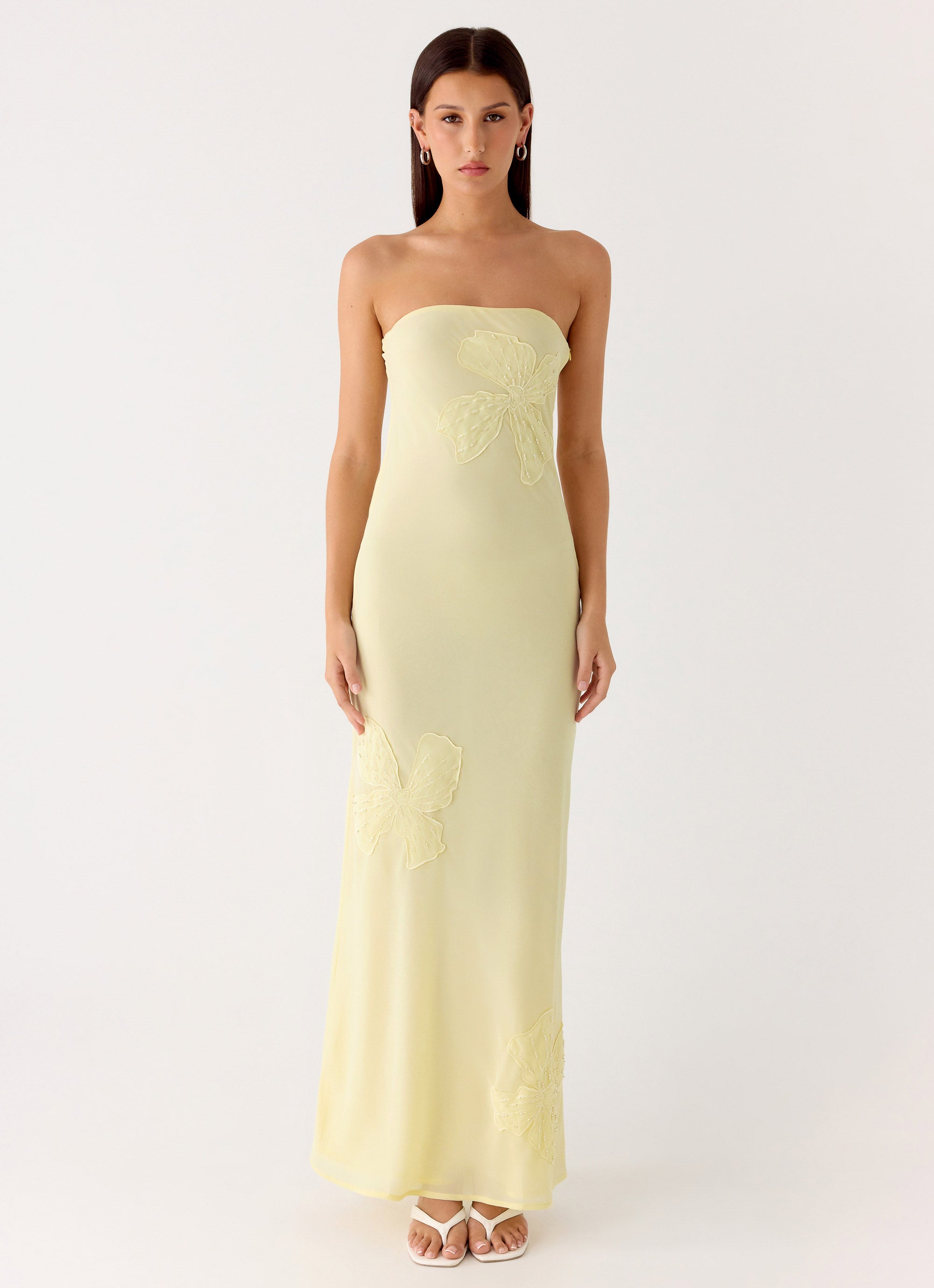 Sassafras Beaded Flower Strapless Maxi Dress