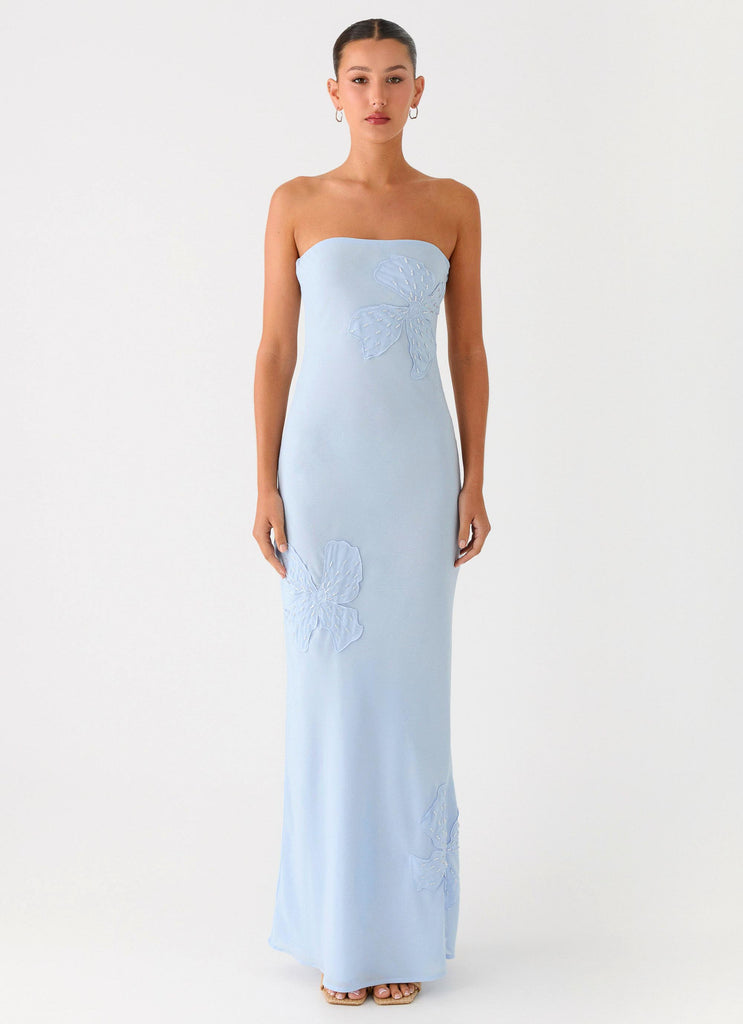 Sassafras Beaded Flower Strapless Maxi Dress - Blue Peppermayo US Sassafras Beaded Flower Strapless Maxi Dress - Blue Peppermayo US