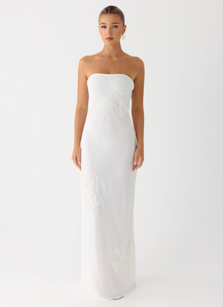 Sassafras Beaded Flower Strapless Maxi Dress - White White / US 4 Sassafras Beaded Flower Strapless Maxi Dress - White White / US 4