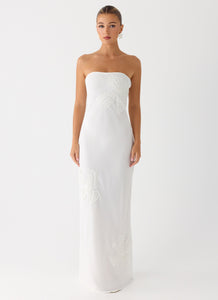 Sassafras Beaded Flower Strapless Maxi Dress - White