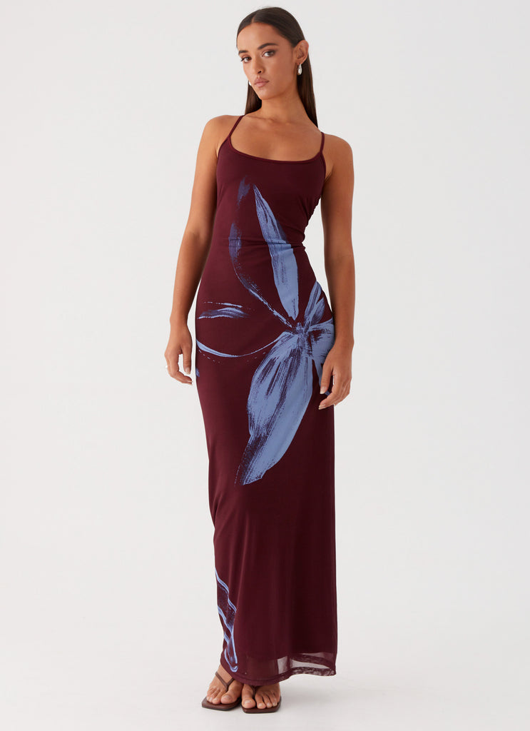 Womens Serene Maxi Dress in the colour Brown Purple Floral in front of a light grey background