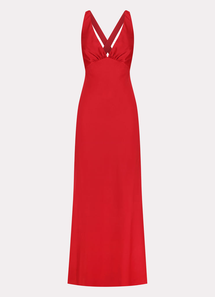 Womens Slyvia Maxi Dress in the colour Red in front of a light grey background