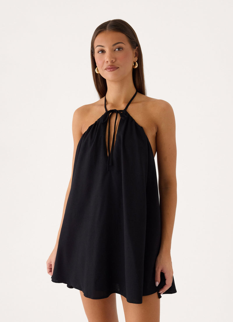 Soft Breeze Linen Mini Dress - Black