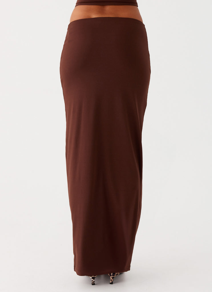 Womens Solace Soul Maxi Skirt in the colour Chocolate in front of a light grey background