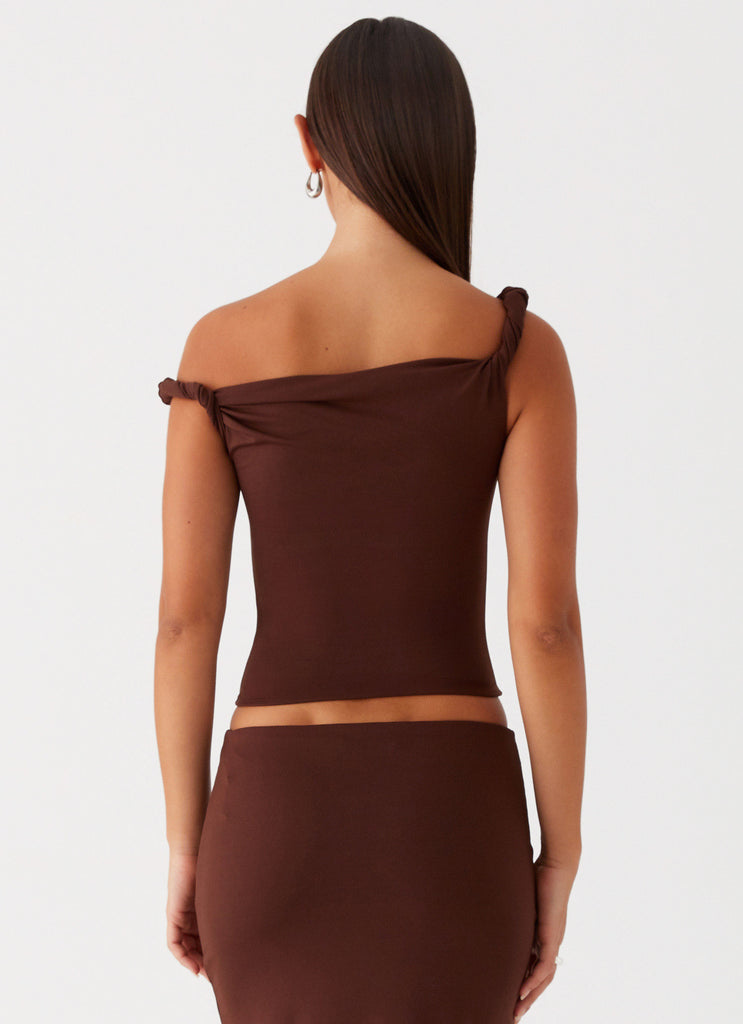 Womens Solace Soul Twist Shoulder Top in the colour Chocolate in front of a light grey background