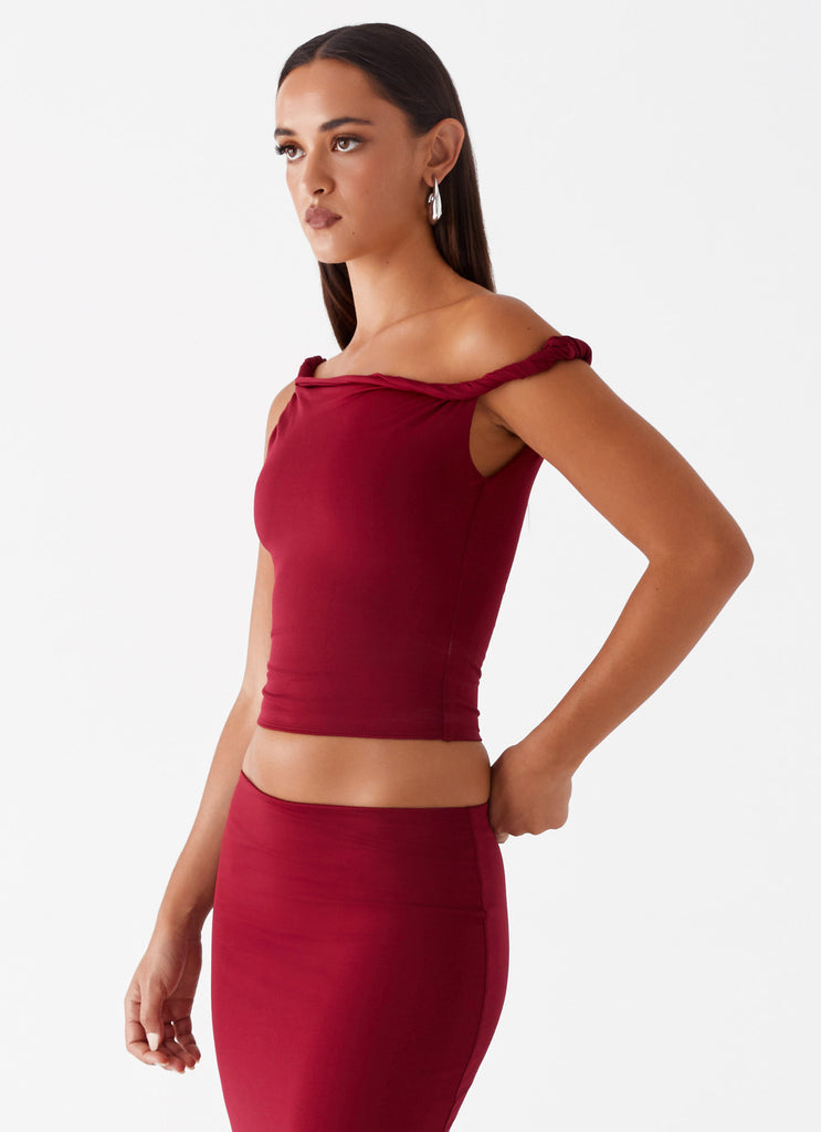 Solace Soul Twist Shoulder Top - Maroon