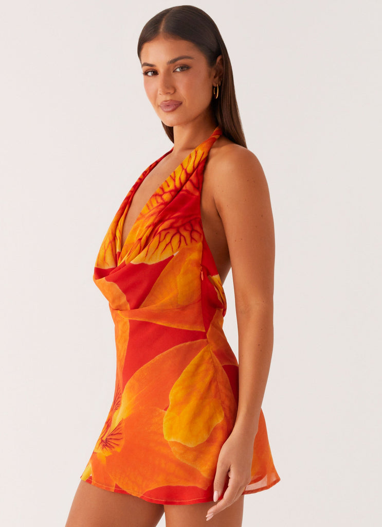 Solar Beam Cowl Mini Dress - Serene Orange Peppermayo US Solar Beam Cowl Mini Dress - Serene Orange Peppermayo US