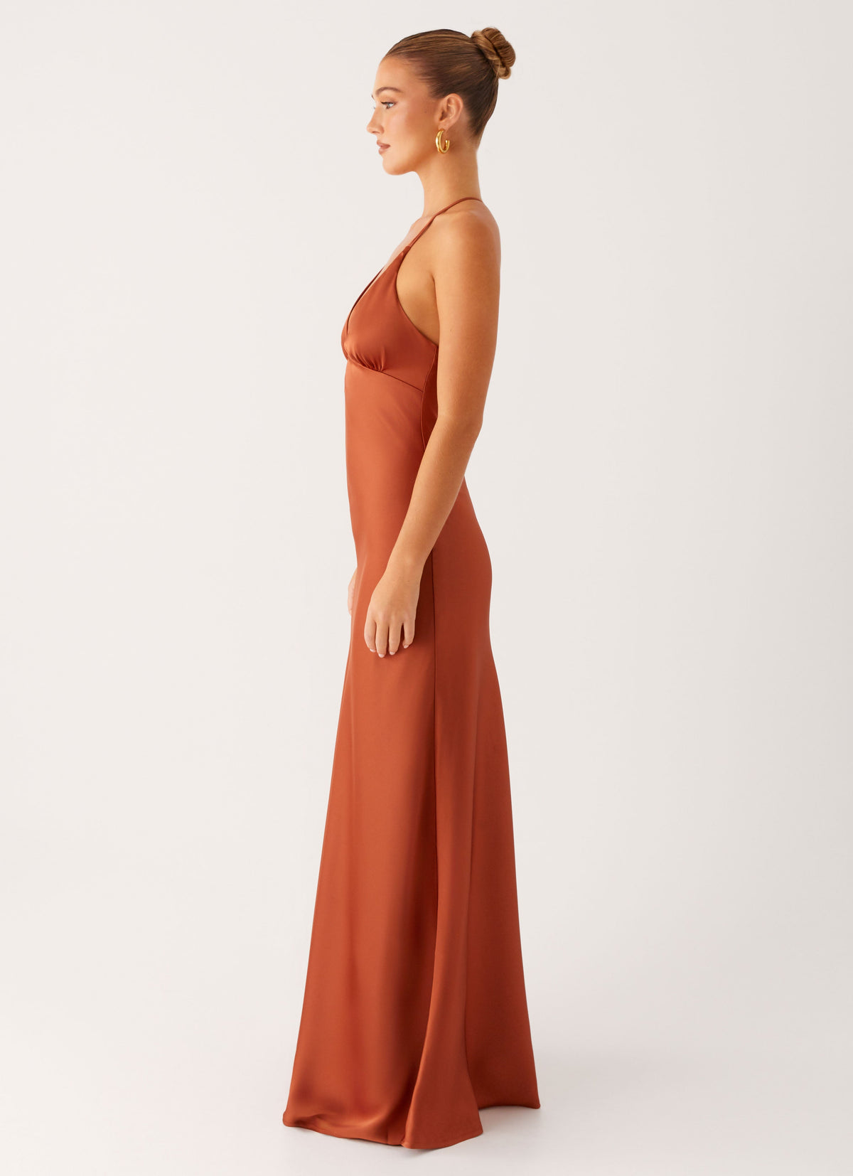 rust colored maxi dress YASSMIN SALEH CASCADE IN 155cm This style sits on the floor with high heel SKU Cherine | RUST Round-Neck Maxi