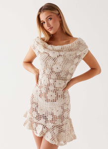 Womens Sunnyside Crochet Mini Dress in the colour Ivory in front of a light grey background