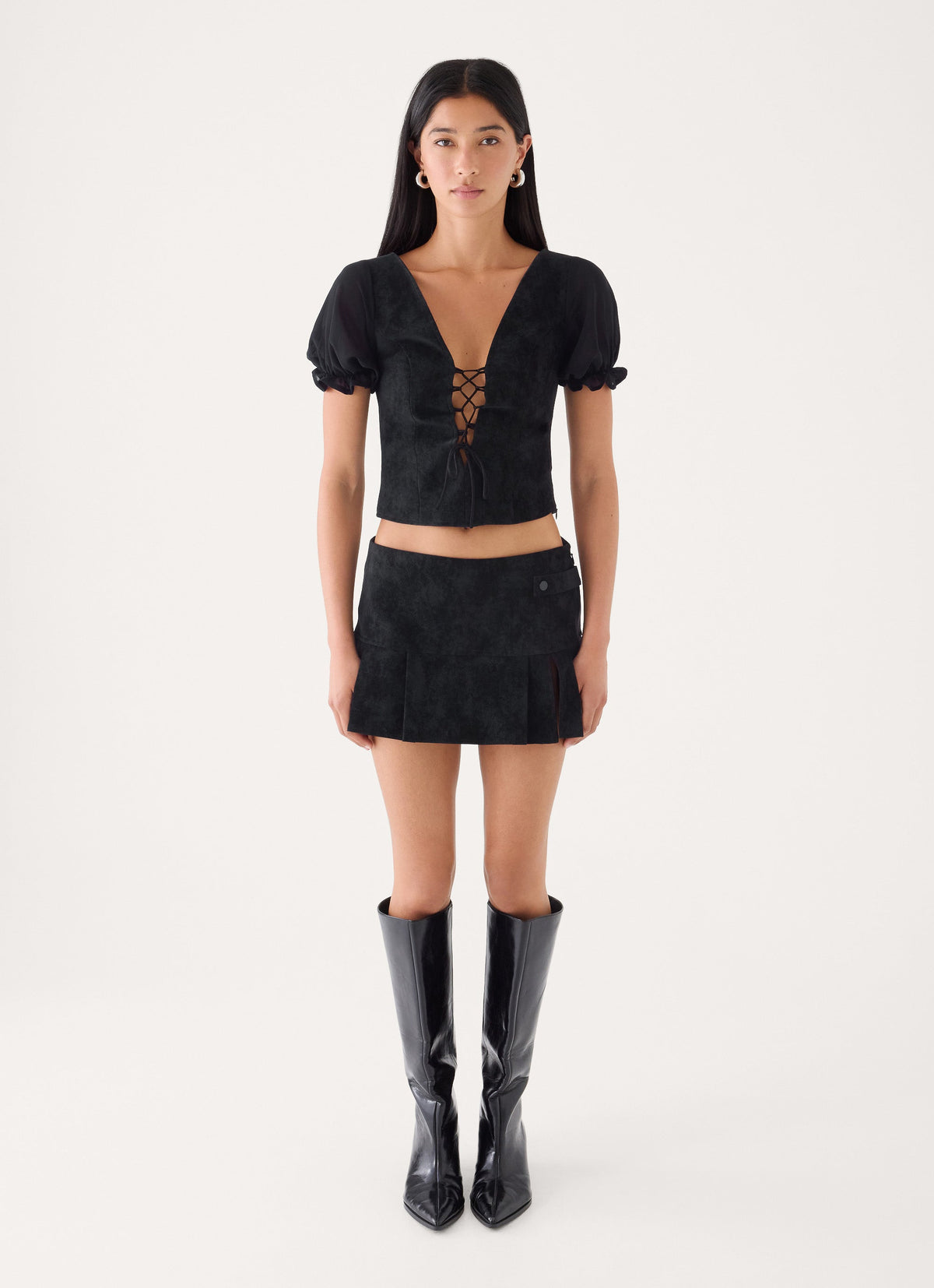 Sweet And Salty Faux Suede Corset Tie Top - Black