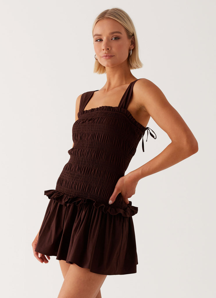 Womens Tenielle Mini Dress in the colour Brown in front of a light grey background