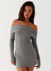 Womens Tanzia Knit Mini Dress in the colour Charcoal in front of a light grey background