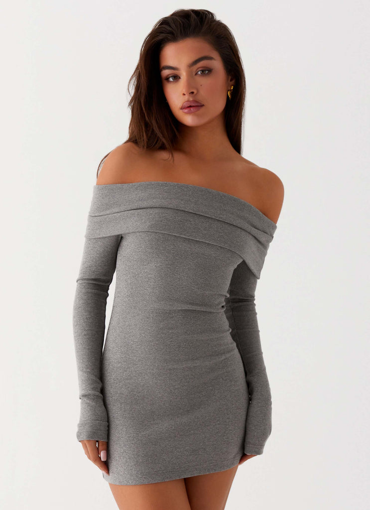 Womens Tanzia Knit Mini Dress in the colour Charcoal in front of a light grey background