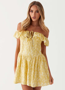 Womens Tarryn Mini Dress in the colour Yellow Floral in front of a light grey background