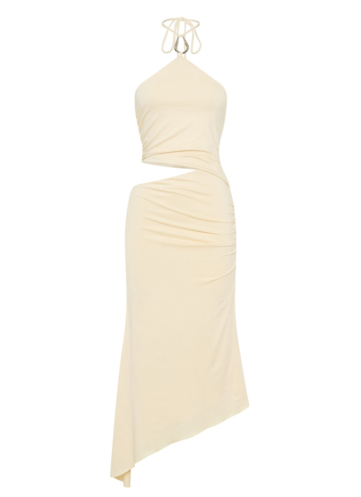 Womens Tasha Maxi Dress in the colour Lemon in front of a light grey background