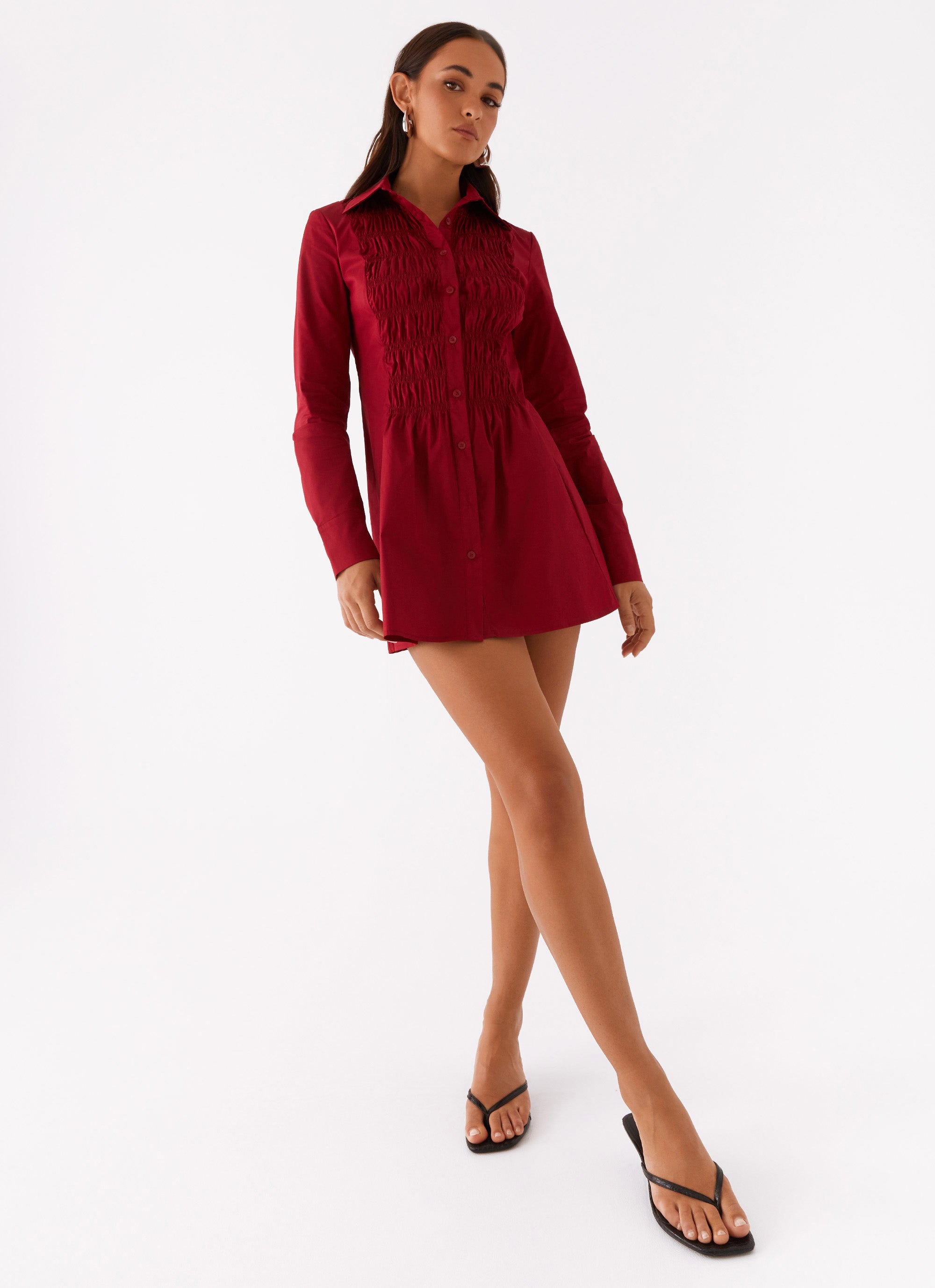 Tessie Shirred Shirt Dress - Rhubarb Peppermayo US Tessie Shirred Shirt Dress - Rhubarb Peppermayo US