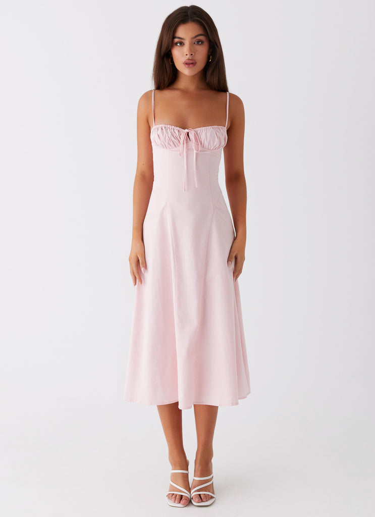 Womens Thoughts Of You Midi Dress in the colour Pink in front of a light grey background