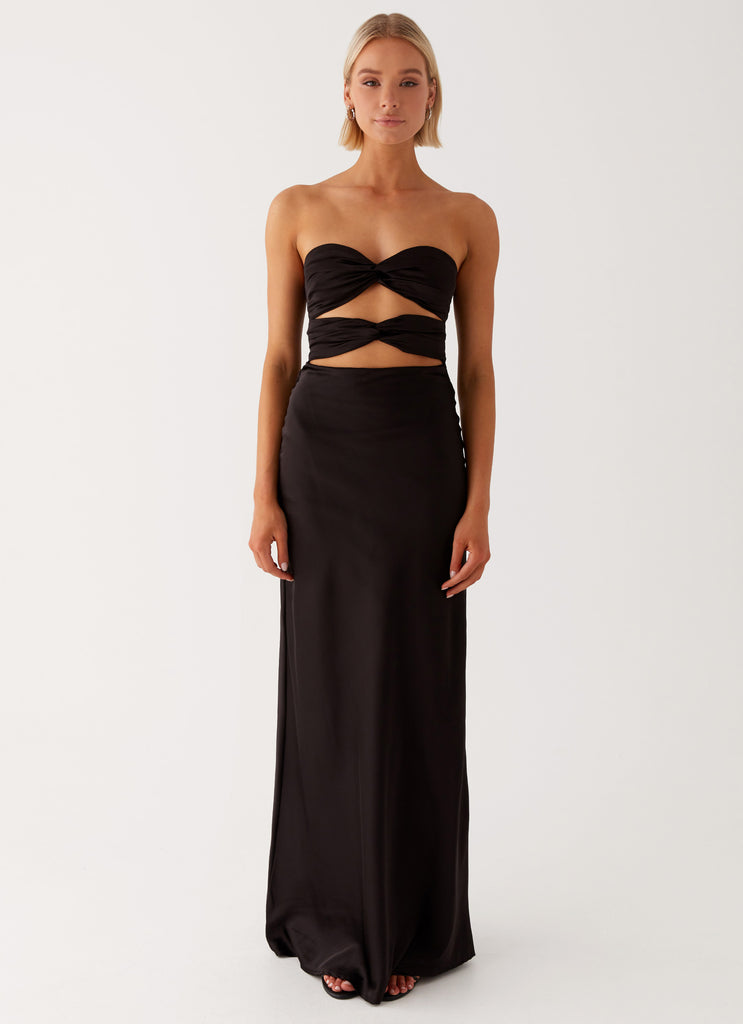 Womens Tianna Strapless Maxi Dress in the colour Black in front of a light grey background