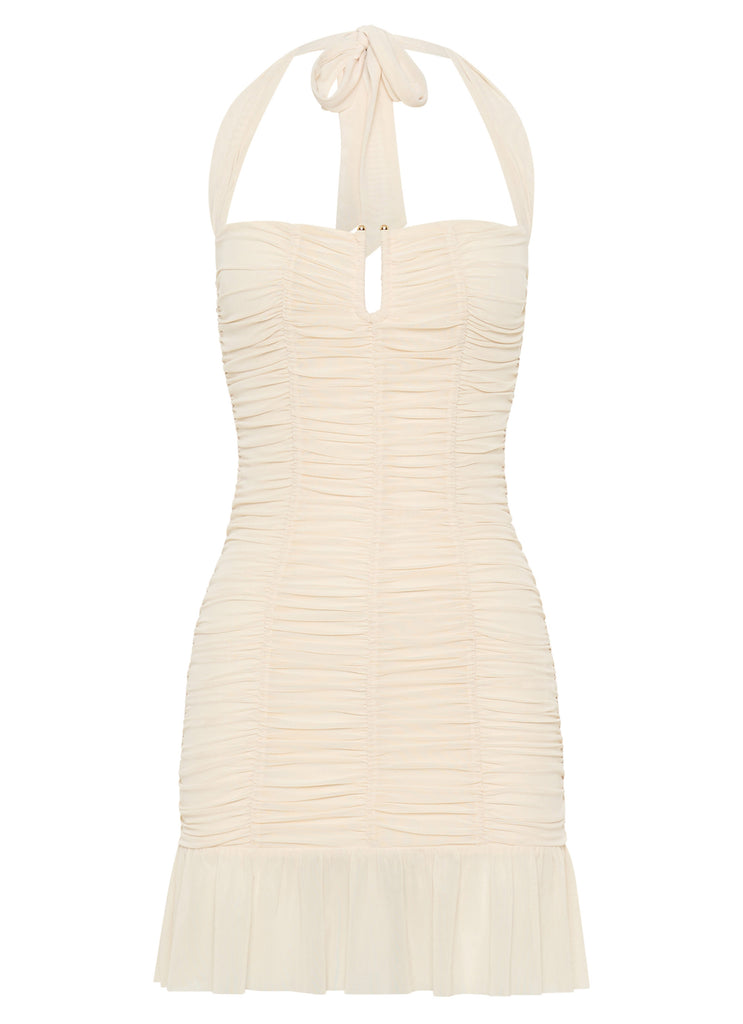 Womens Toni Halter Mini dress in the colour Lemon in front of a light grey background