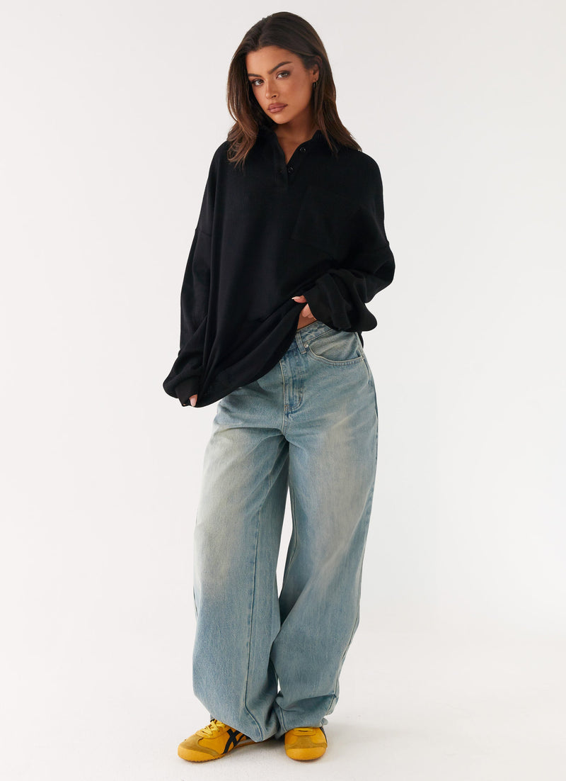 Torrie Oversized Polo Top - Black