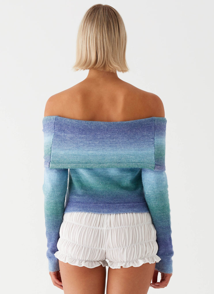 Womens Tully Off Shoulder Knit in the colour Blue Ombre in front of a light grey background