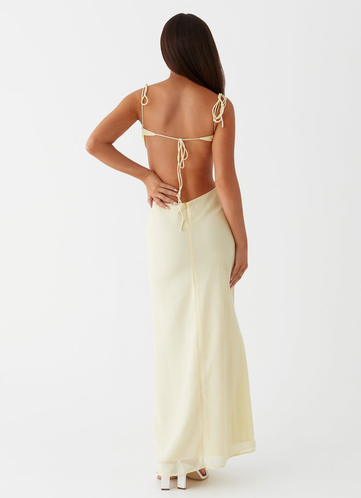 Womens Tyra Ruched Maxi Dress in the colour Yellow in front of a light grey background