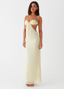 Womens Tyra Ruched Maxi Dress in the colour Yellow in front of a light grey background