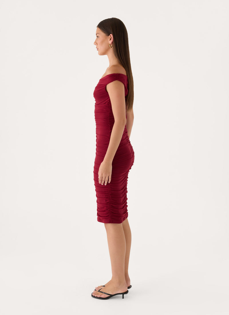 Valcera Ruched Midi Dress - Maroon