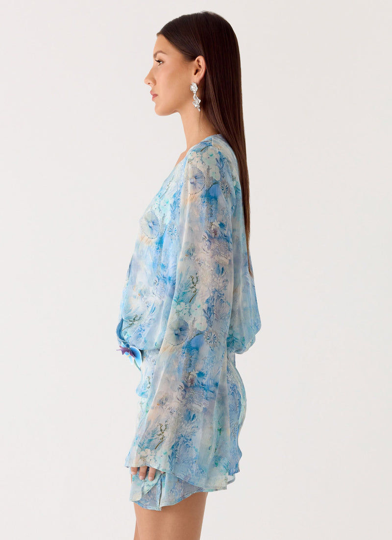 Vanish Into You Mini Dress - Aqua Paisley