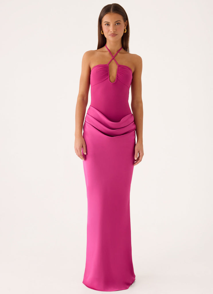 berry pink maxi dress Aire Berry Crepe Strapless Maxi Dress - US 8