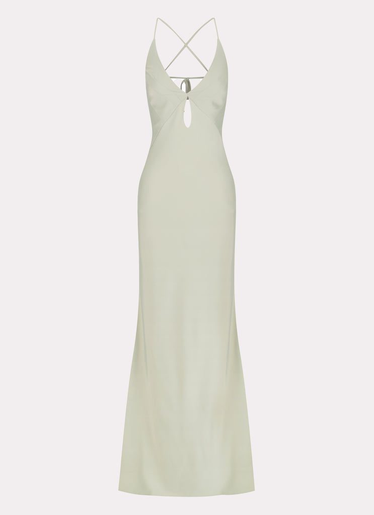 Womens Vesper Keyhole Maxi Dress in the colour Sage in front of a light grey background