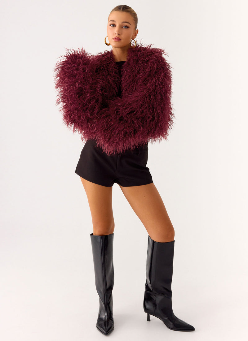 Virginia Cropped Faux Fur Jacket - Maroon