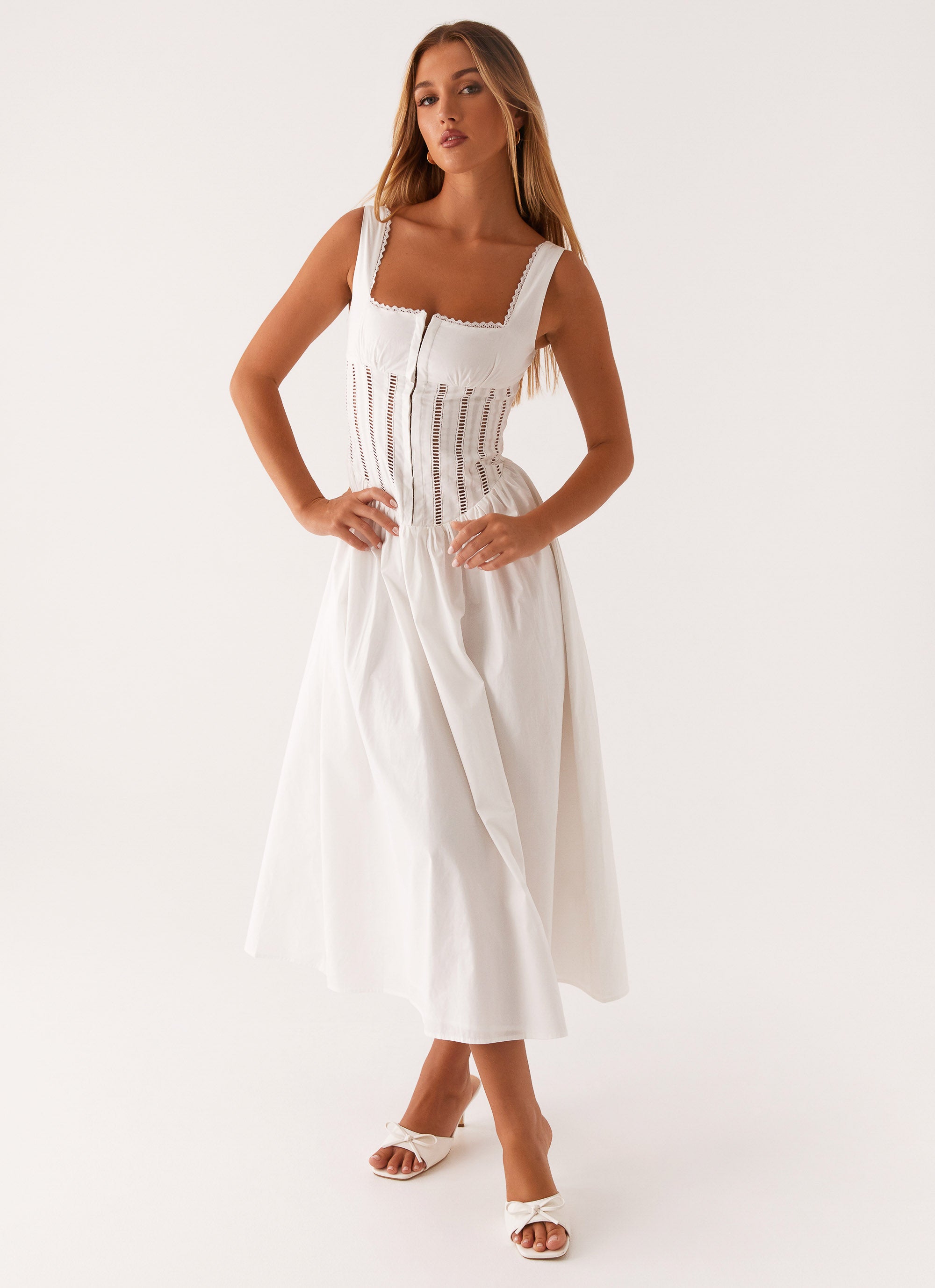 white midi going out dress White Ruched Bodycon Midi Dress | V-Neck Spaghetti Strap Cocktail Dress | Sculpting Hourglass Going Out & Party Dress