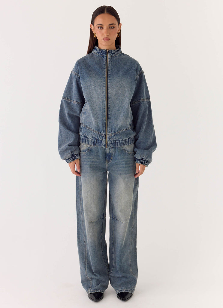 Waylon Denim Bomber Jacket - Mid Wash Blue – Peppermayo US Waylon Denim Bomber Jacket - Mid Wash Blue – Peppermayo US