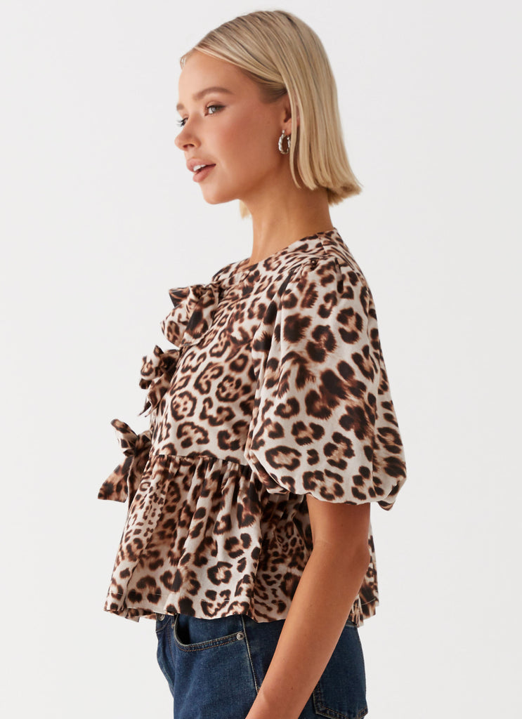 Womens Western Wind Tie Top in the colour Leopard in front of a light grey background