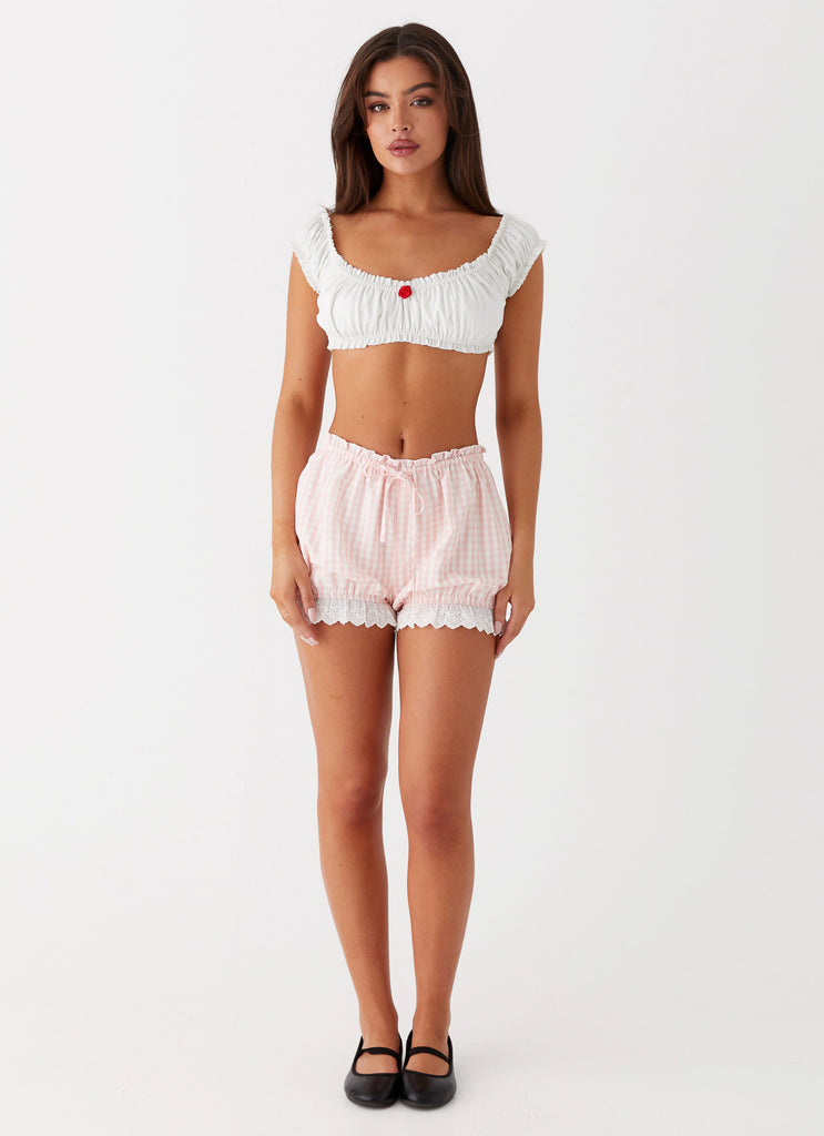 Womens Weston Lace Trim Shorts in the colour Pink Gingham in front of a light grey background