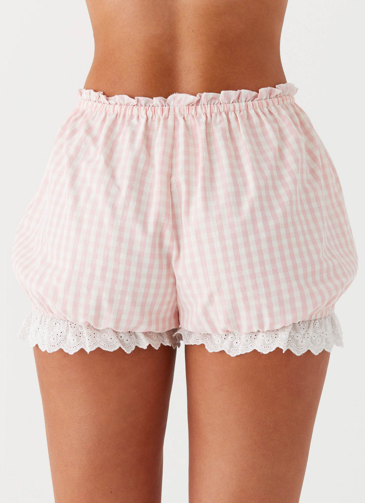 Womens Weston Lace Trim Shorts in the colour Pink Gingham in front of a light grey background