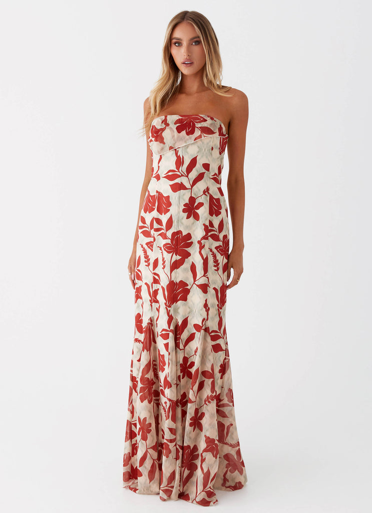 Womens Willa Maxi Dress in the colour Red Green Floral in front of a light grey background