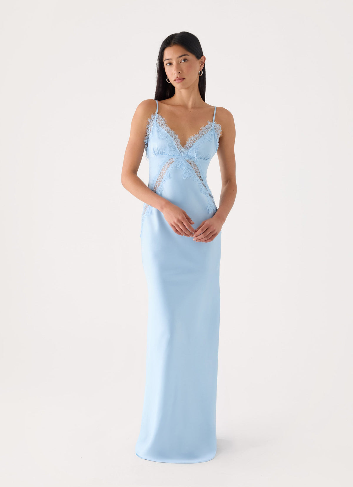 baby blue slip dress Size 14, Aspen Midi - Dusty Satin Dress - FINAL SALE this slip dress strikes the perfect balance between understated sophistication and occasion Light Blue Satin Lace Side