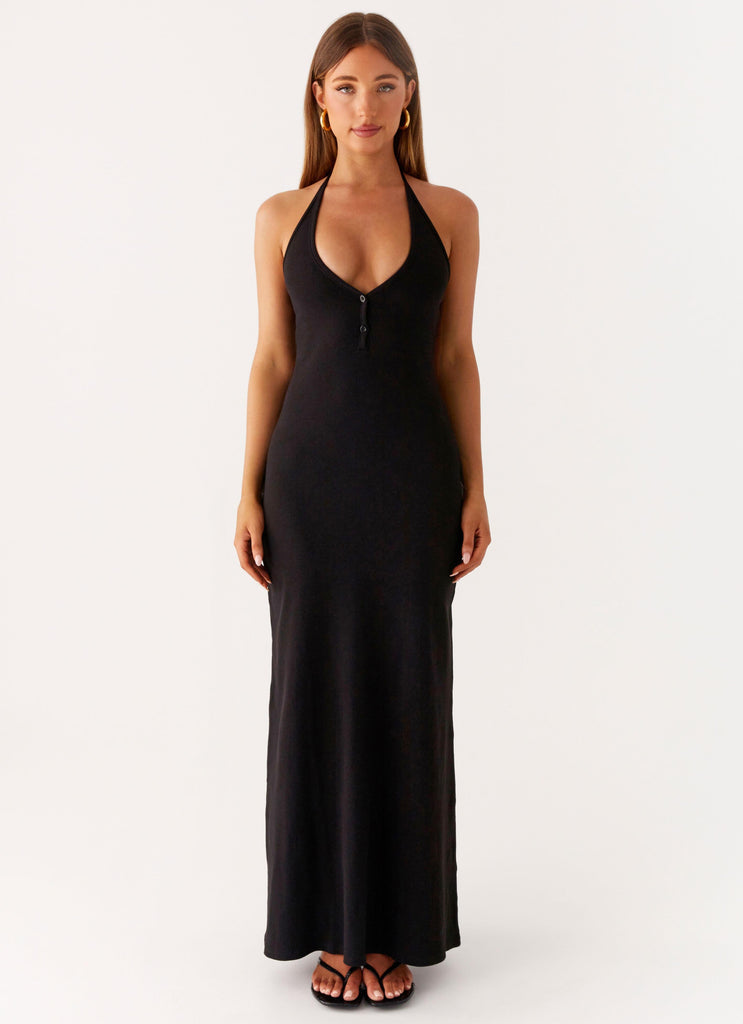 black button front maxi dress Women's Black Button Down Collar Detail Maxi Dress