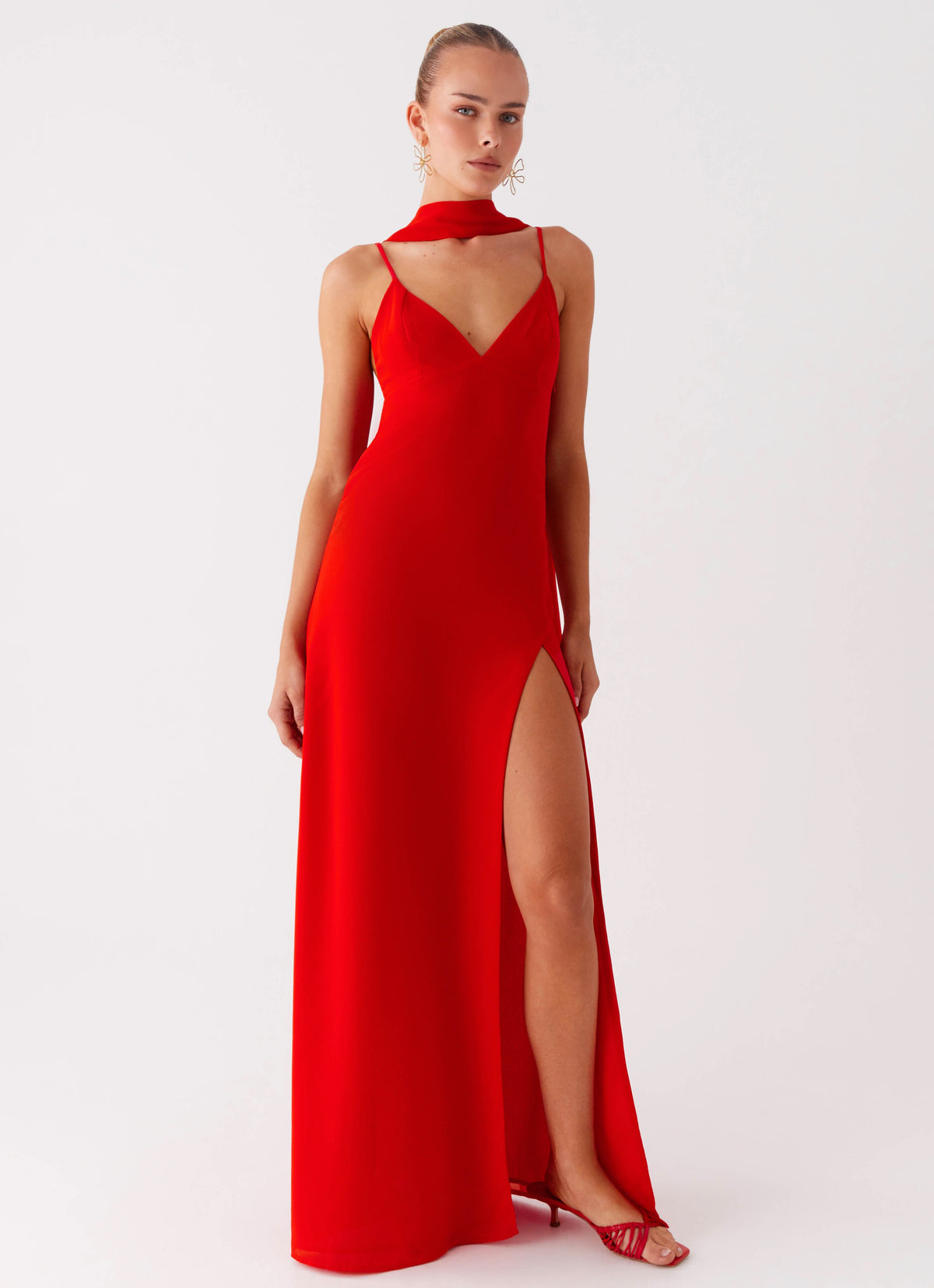 red scarf dress Delora Off-Shoulder Maxi Asymmetric neck One Farm Rio - Jungle Red
