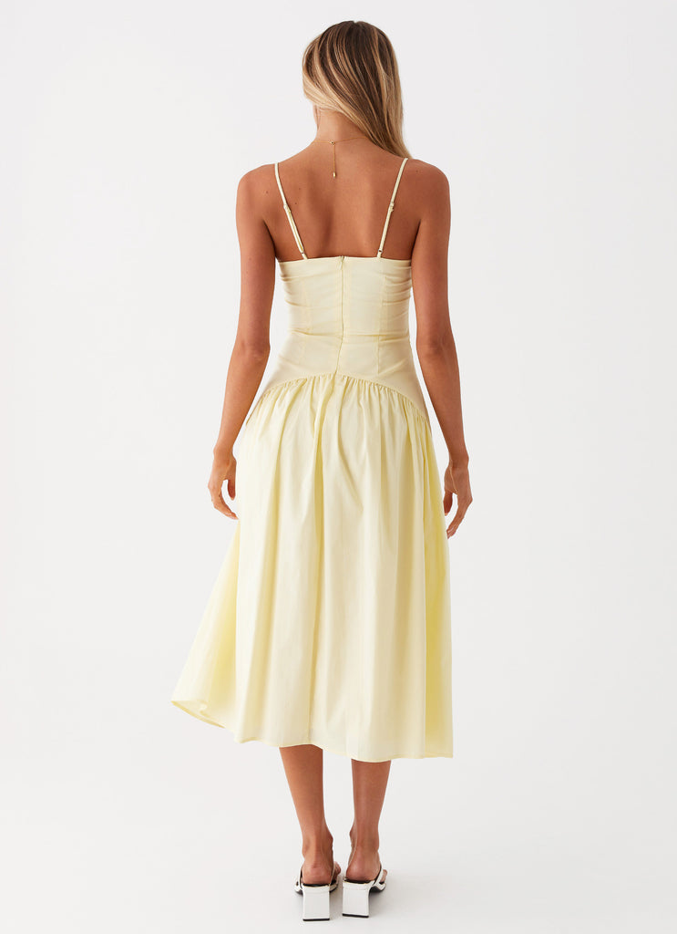 Womens Yvette Corset Midi Dress in the colour Yellow in front of a light grey background