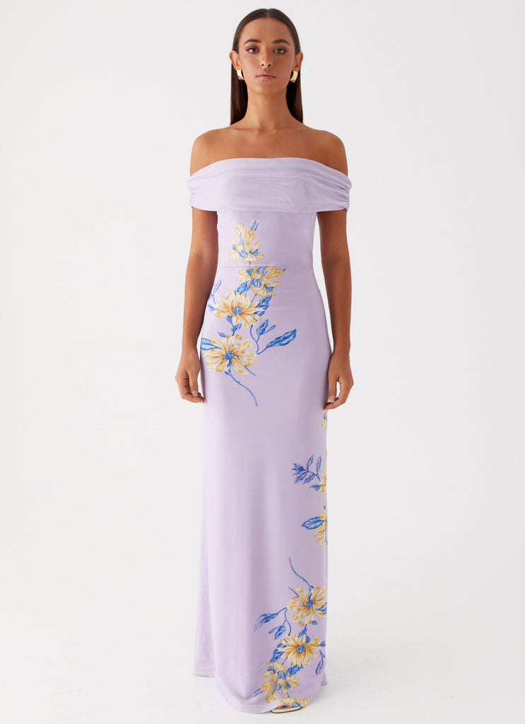 Womens Yvonne Maxi Dress in the colour Lavender in front of a light grey background