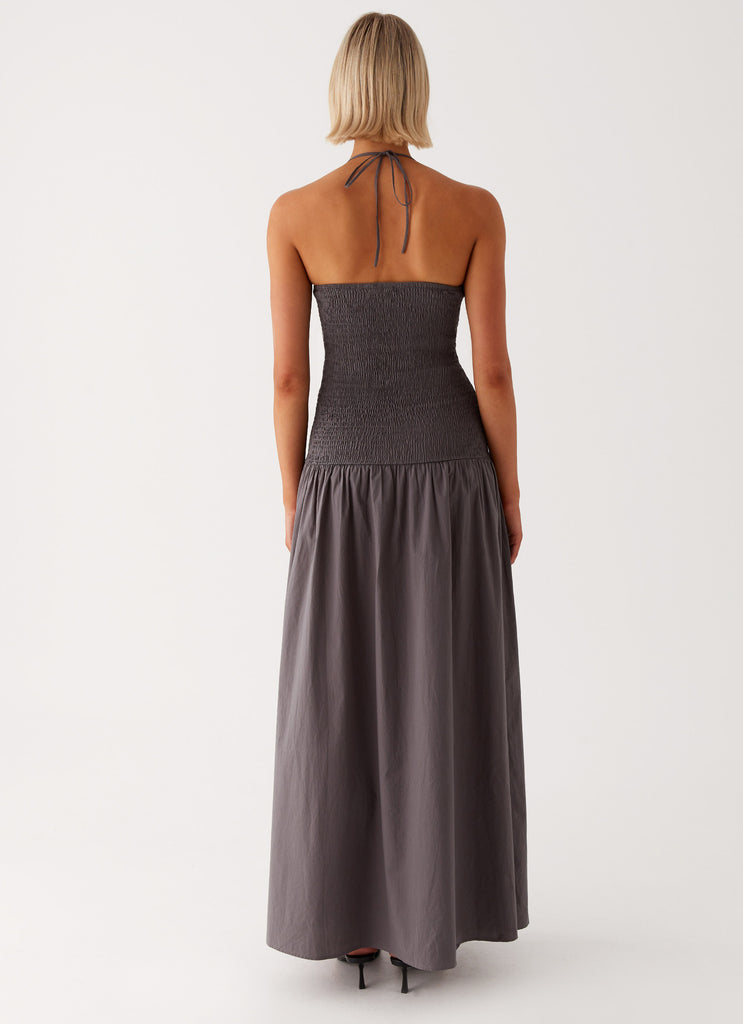 Womens Zahra Maxi Dress in the colour Charcoal in front of a light grey background