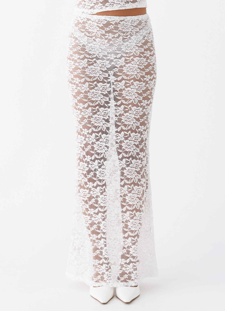 Womens Zephyra Lace Maxi Skirt in the colour White in front of a light grey background