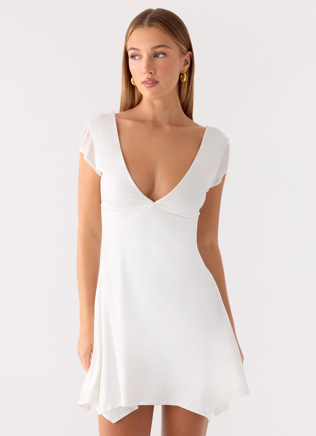 white v neck mini dress Eyelet V-Neck Medium Neck Mini Dress in White Come Alive String Detail Deep
