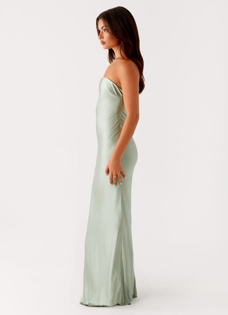 sage green strapless maxi dress Sage Green Tulle A-line Strapless Sweetheart Neck Prom Dresses With Slit, MP936
