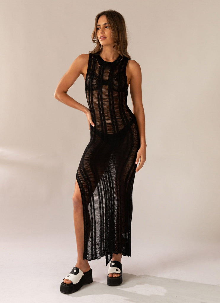 Perri Ladder Knit Maxi Dress - Black - Peppermayo US