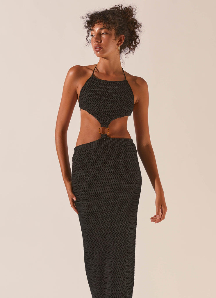 Afternoons In Majorca Crochet Maxi Dress - Black Sand - Peppermayo US